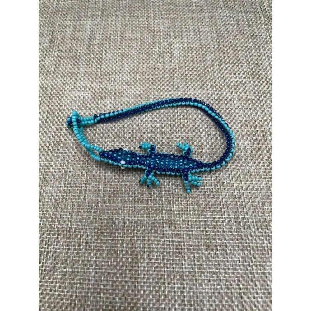Artisan Beaded Aligator Bracelet Handmade Reversible Blue Green Beads